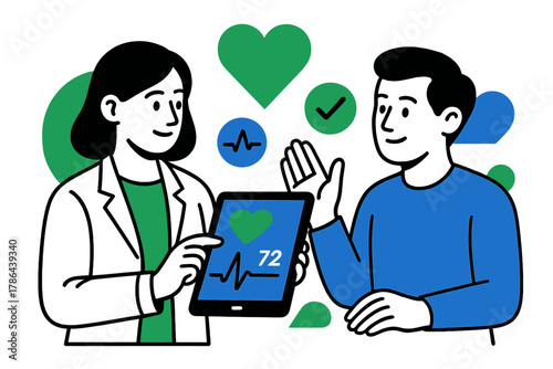 Digital Medical Consultation. Digital consultation. Doctor holds a tablet showing vital signs, abstract