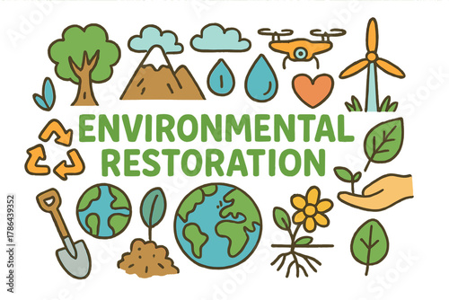 Environmental Restoration Doodle. Environmental restoration. Hand-drawn doodle illustration of environmental