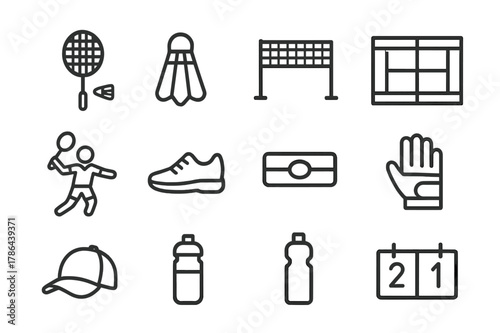 Badminton Icons Collection. Racket and shuttlecock. Line outline icon set of racket and shuttlecock: badminton