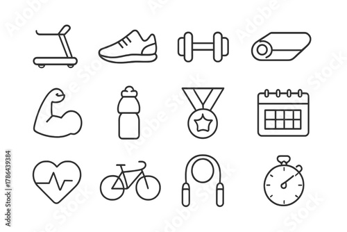 Fitness Icon Collection. Fitness journey. Line outline icon set of fitness journey: treadmill, running shoe,