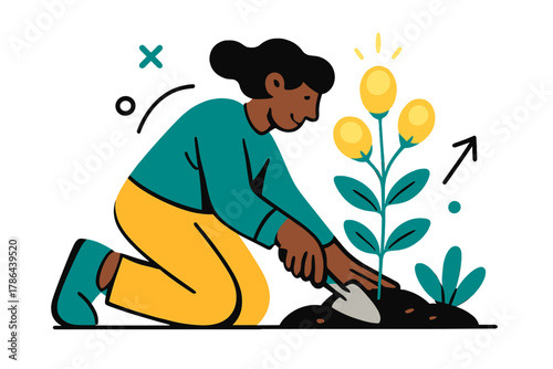 Modern Botanical Renewal. Planting new flowers. Person kneeling beside flowerbed with small shovel; soft