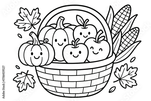 Autumn Harvest Coloring. Autumn food children?s coloring book illustration, outlined drawing, cheerful basket