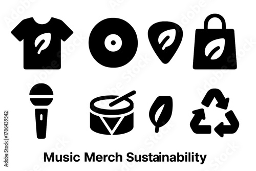 Eco-Friendly Music Icons. Music Merch Sustainability. Filled icon set of Music Merch Sustainability: t-shirt,