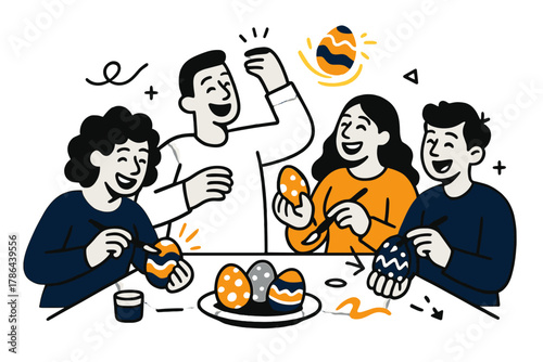 Festive Egg Decorating. Easter preparation. Friends gathered around a table, laughing as they decorate eggs