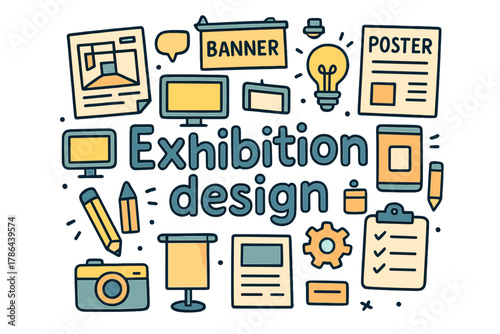 Creative Exhibition Elements. Exhibition design. Hand-drawn doodle illustration of Exhibition design. Booth