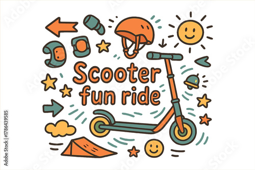 Scooter Fun Doodle. Scooter fun ride. Hand-drawn doodle illustration of Scooter fun ride. Wheels, deck,