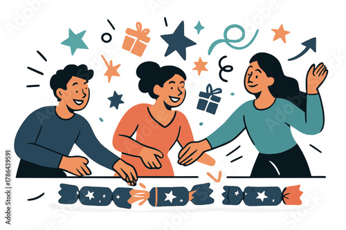 Lively Holiday Festivities. Holiday celebration. Crackers lined on a festive table with glowing stars,