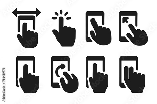 Mobile Gesture Icons. Mobile gestures. Filled icon set of mobile gestures: swipe, tap, zoom, pinch, drag,