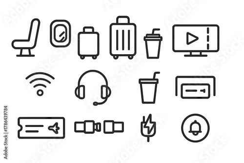Passenger Icon Set. Passenger experience. Line outline icon set of passenger experience: seat, window view,