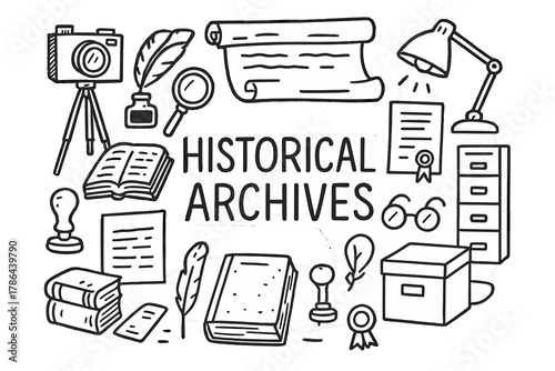 Historical Archives Doodle. Historical Archives. Hand-drawn doodle illustration of photography of historical