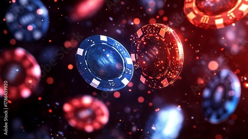 Poker chips sitting on a casino table, illuminated by colorful bokeh lights