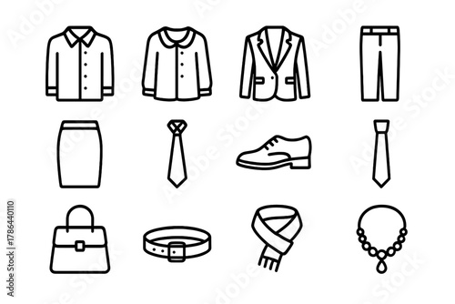Workday Wardrobe Icons. Workday wardrobe. Line outline icon set of workday wardrobe: dress shirt, blouse,