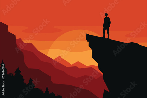 Silhouette figure stands atop cliff overlooking landscape during sunset, portraying a moment of serenity