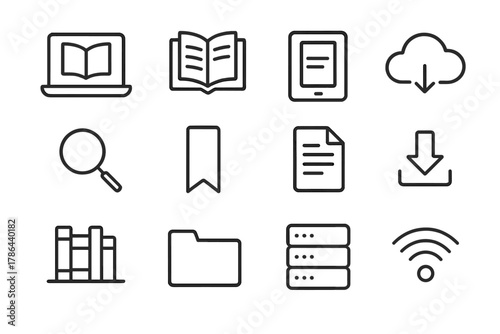 Digital Library Icon Set. Digital libraries. Line outline icon set of digital libraries: laptop, open book,