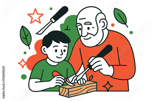 Generational Craftsmanship Transfer. Skill transfer. An elder teaching a child to carve wood, floating