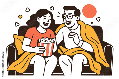 Cozy Movie Night. Movie Night. Two people sit on a couch surrounded by popcorn and cozy blankets; glowing