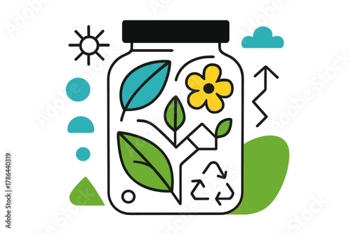Sustainable Botanical Package. Green lifestyle package. A jar with floating leaves, flowers, and geometric