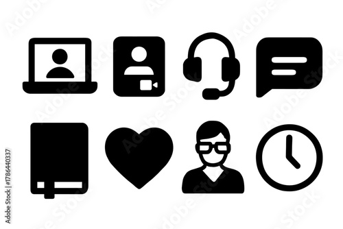 Online Therapy Icons. Online therapy. Filled icon set of online therapy: laptop, video call, headset, chat