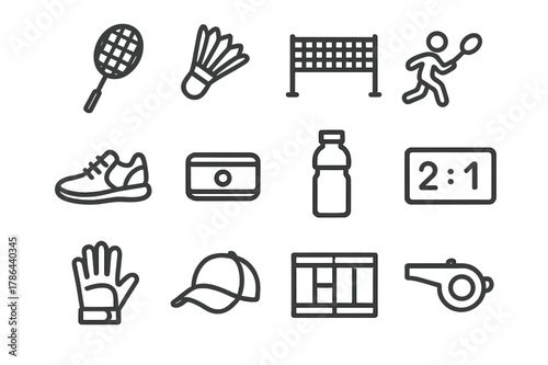 Racket Sports Icons. Racket sport. Line outline icon set of racket sport: badminton racket, shuttlecock, net,