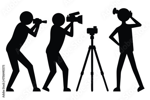 Three silhouette figures photograph with camera, binoculars and tripod on a transparent background