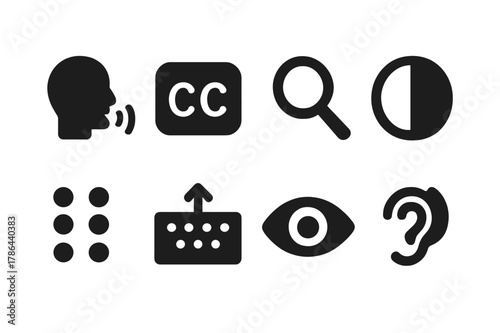 Assistive Icons Grid. Assistive features. Filled icon set of assistive features: voice control, closed