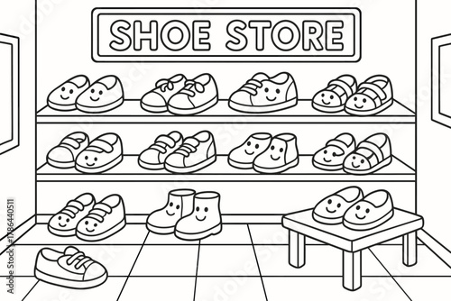 Smiling Shoes Store. Shoe store children?s coloring book illustration, outlined drawing, cartoon shop with