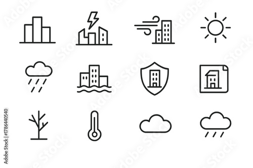 Extreme Weather Icons. Extreme weather urban planning. Line outline icon set of extreme weather urban planning