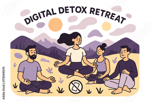 Meditation in Nature. Digital Detox Retreat. A small group meditates away from devices in a mountain meadow;
