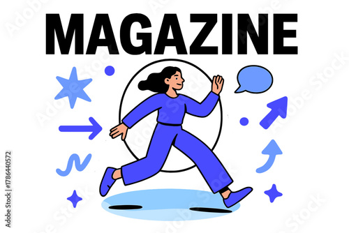 Dynamic Editorial Spread. Magazine cover shoot. Model framed by oversized typography and spotlight; floating