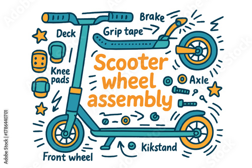 Scooter Wheel Diagram. Scooter wheel assembly. Hand-drawn doodle illustration of Scooter wheel assembly. Front