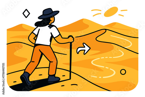 Desert Trek Adventure. Desert trekking. Person with walking stick and hat overlooking vast sand dunes; soft