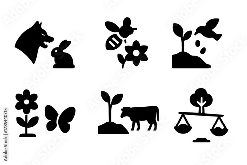 Ecosystem Interaction Icons. Ecosystem interactions. Filled icon set of ecosystem interactions: predator-prey