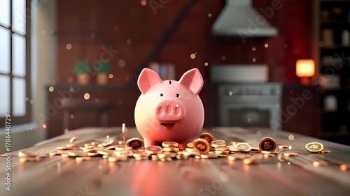 Money saving deposit financial planning concept. piggy bank with coins and coins falling out of it.