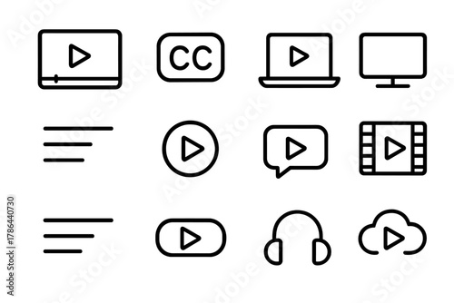 Accessible Video Icons. Accessible videos. Line outline icon set of accessible videos: video player, closed