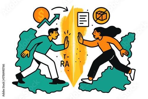 International Trade Wall. Trade barriers. Glowing abstract wall or blockade between two stylized countries,