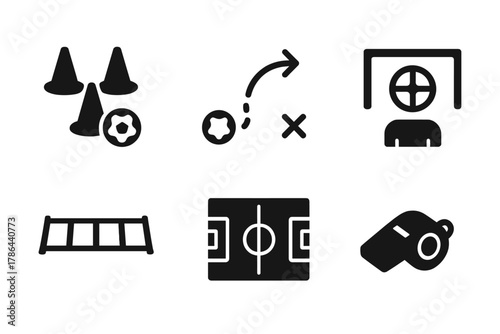 Soccer Drills Icon Set. Soccer drills. Filled icon set of soccer drills: dribbling cones, passing route,