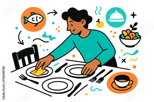 Vibrant Table Setting. Setting the table for a family meal. A person arranging plates, cutlery, and glowing