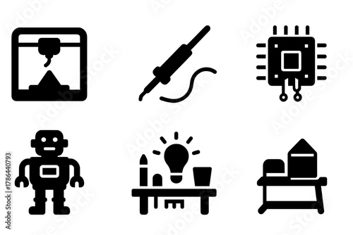 Maker Culture Icons. Maker culture. Filled icon set of maker culture: 3D printer, soldering iron, tool kit,