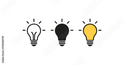 Set of three light bulb icons in minimalist linear style