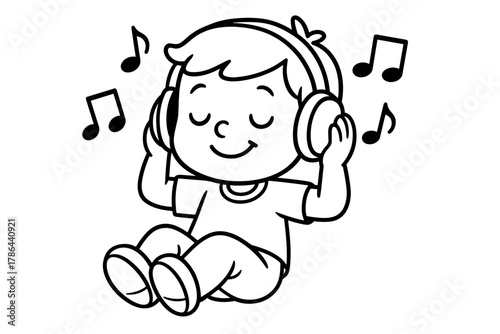 Cartoon Music Relaxation. Listening to music children?s coloring book illustration, outlined drawing, cartoon