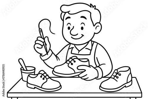 Cobbler Coloring Fun. Shoe maker children?s coloring book illustration, outlined drawing, friendly cobbler