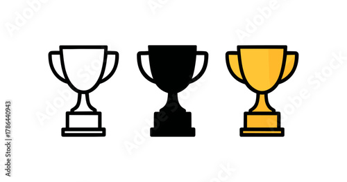 Minimalist trophy icons set in outline and solid styles for awards and achievements