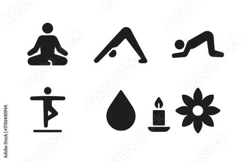 Yoga Icon Set. Yoga practice. Filled icon set of yoga practice: lotus pose, downward dog, stretching person,