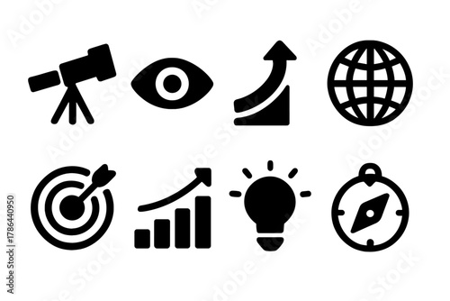 Strategic Vision Icons. Strategic vision. Filled icon set of strategic vision: telescope, eye, arrow, globe,