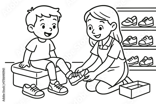 Shoe Fitting Fun. Shoe fitting children?s coloring book illustration, outlined drawing, child trying on shoes