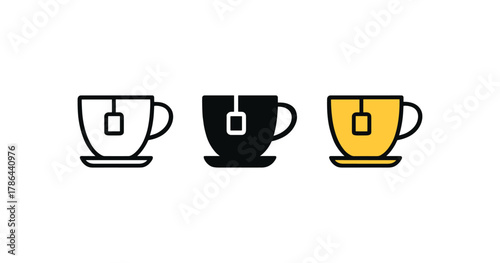 Minimalist trio of tea cups in outline, solid, and filled design