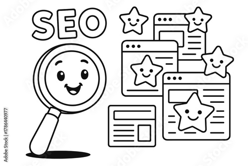 SEO Coloring Adventure. Search engine optimization children?s coloring book illustration, outlined drawing,