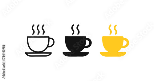 Minimalist coffee cup icons: black, yellow, line art designs