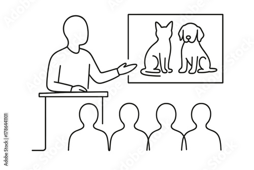 Animal Rescue Talk. Community Education. Minimalistic one-line drawing person giving talk about rescued