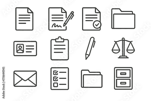 Legal Icon Set. Legal documents. Line outline icon set of legal documents: paper sheet, signature, stamp, seal
